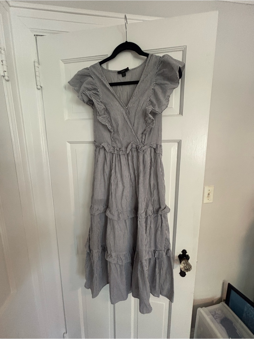 J. Crew Gray and White Striped Ruffle Tiered Midi Dress